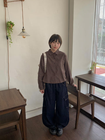 Heildi Ribbon Shirring Check Crop Shirt